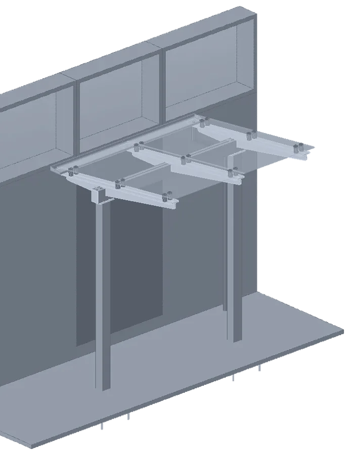 Steel entrance canopy over a doorway with glazed roof panels