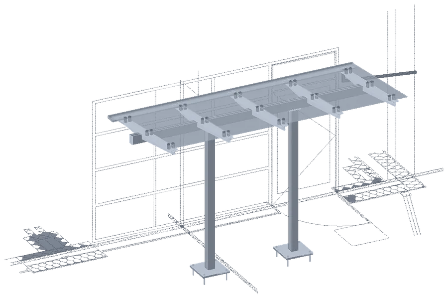 Main building canopy, steel frame with glazed roof shown in building context
