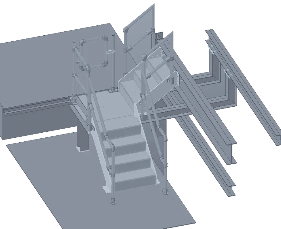 Steel stair and walkway with handrails framing into primary steelwork