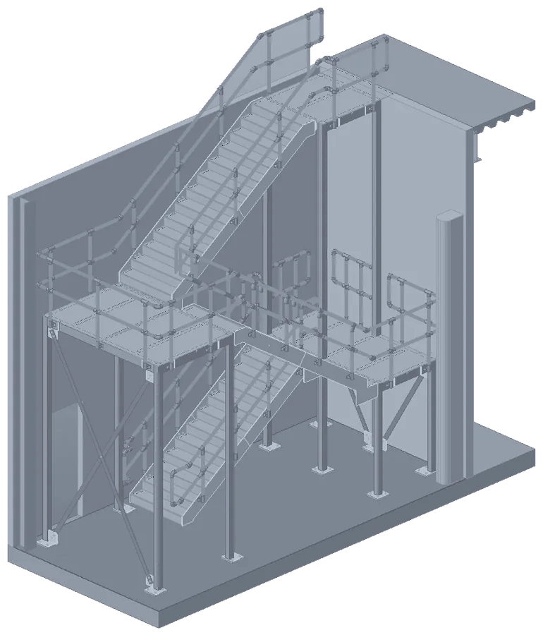 Steel stair with half landing, walkway and perimeter balustrade