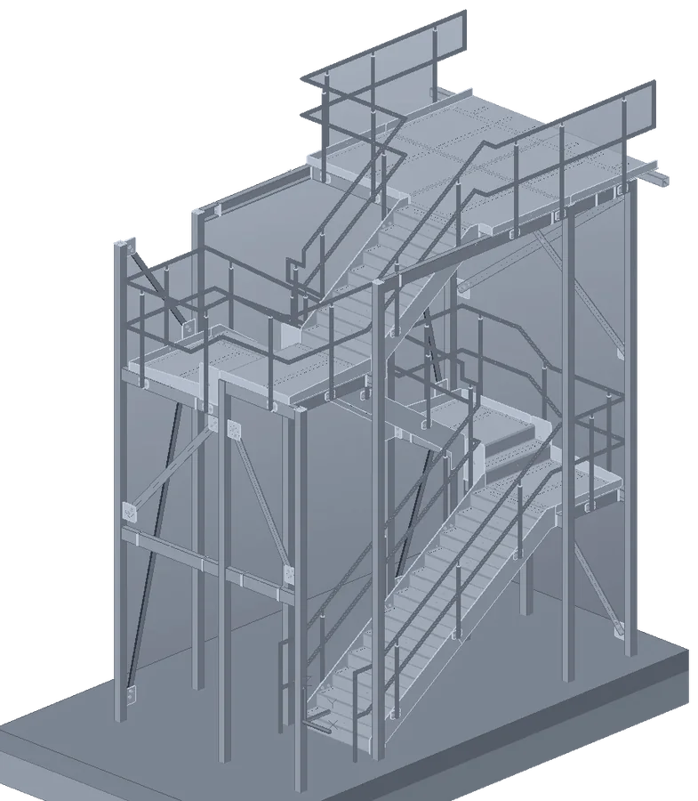 Steel access stair tower with intermediate landings and balustrade